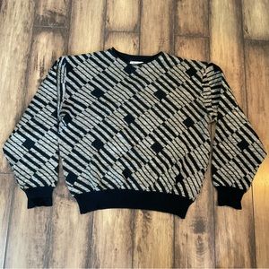 Vintage 80's Laveno Men's Sweater 100 % Wool Geometric Grandpa Black Cream Knit